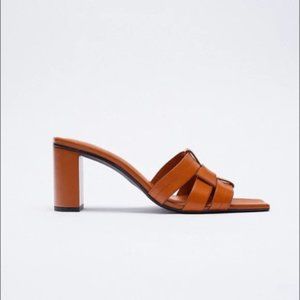 NWT Zara Orange/Brown Leather Block Heeled Sandals Size 6.5 US 37 EU
